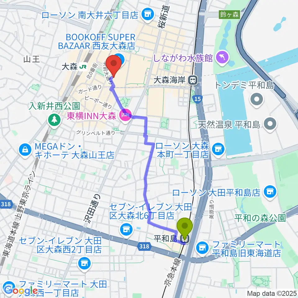 平和島駅からキネカ大森へのルートマップ地図