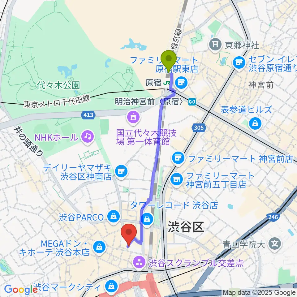 原宿駅から渋谷シネクイントへのルートマップ地図