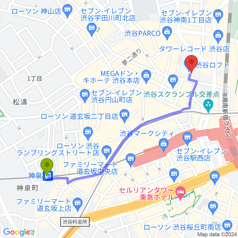 神泉駅から渋谷シネクイントへのルートマップ地図