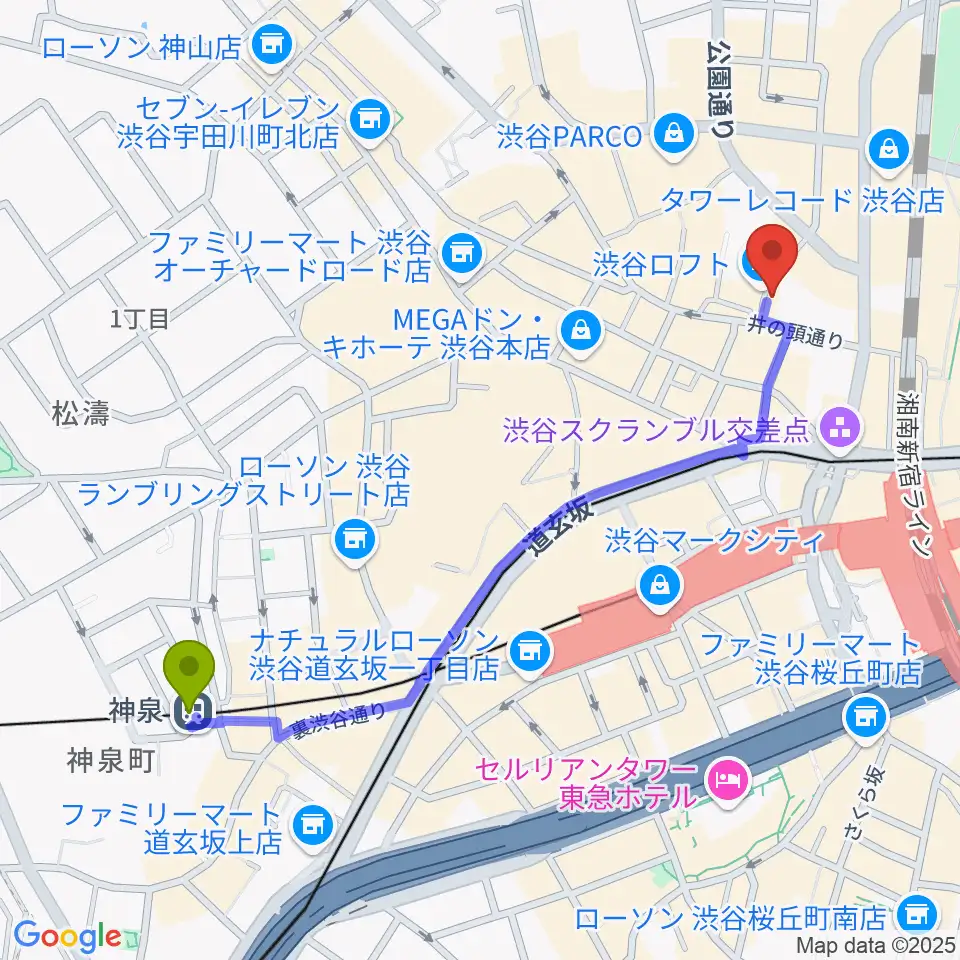 神泉駅から渋谷シネクイントへのルートマップ地図