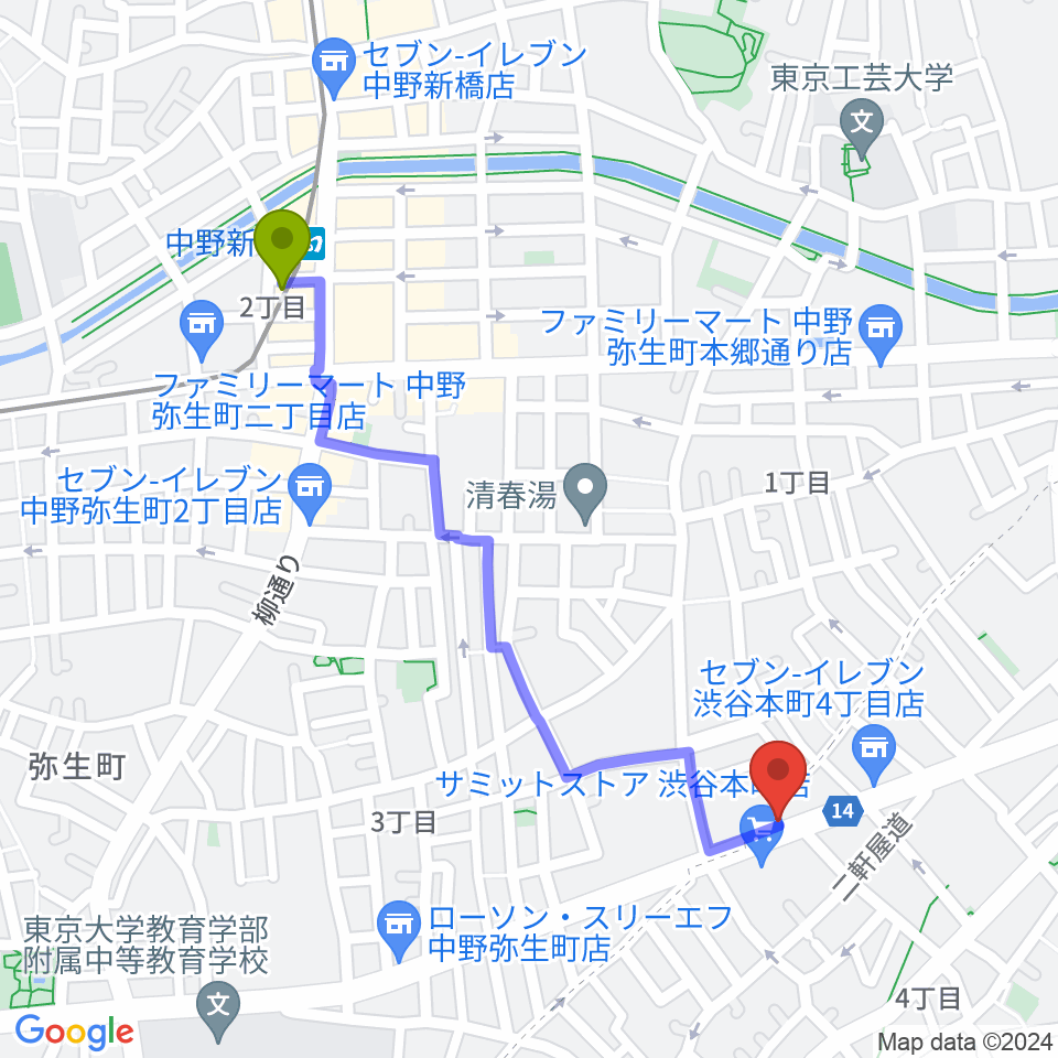 中野新橋駅からSubmarine STUDIOへのルートマップ地図