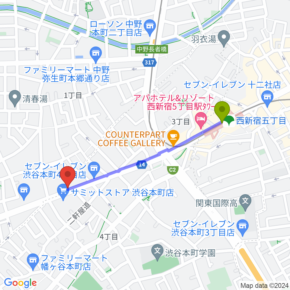 Submarine STUDIOの最寄駅西新宿五丁目駅からの徒歩ルート（約9分）地図