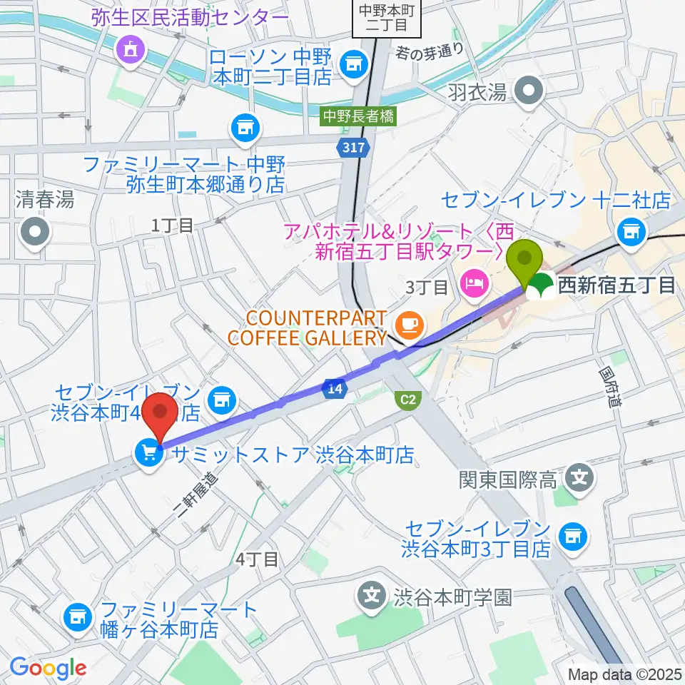 Submarine STUDIOの最寄駅西新宿五丁目駅からの徒歩ルート（約9分）地図