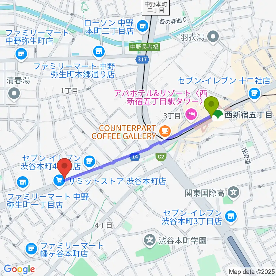 Submarine STUDIOの最寄駅西新宿五丁目駅からの徒歩ルート（約9分）地図