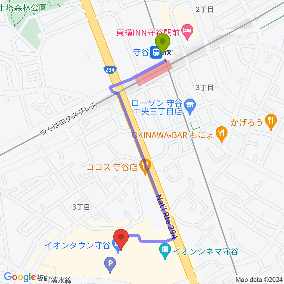 ウインズ・ユー守谷店の最寄駅守谷駅からの徒歩ルート（約11分）地図