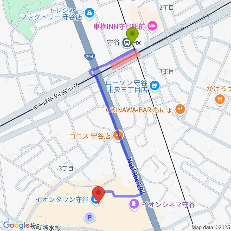 ウインズ・ユー守谷店の最寄駅守谷駅からの徒歩ルート（約11分）地図