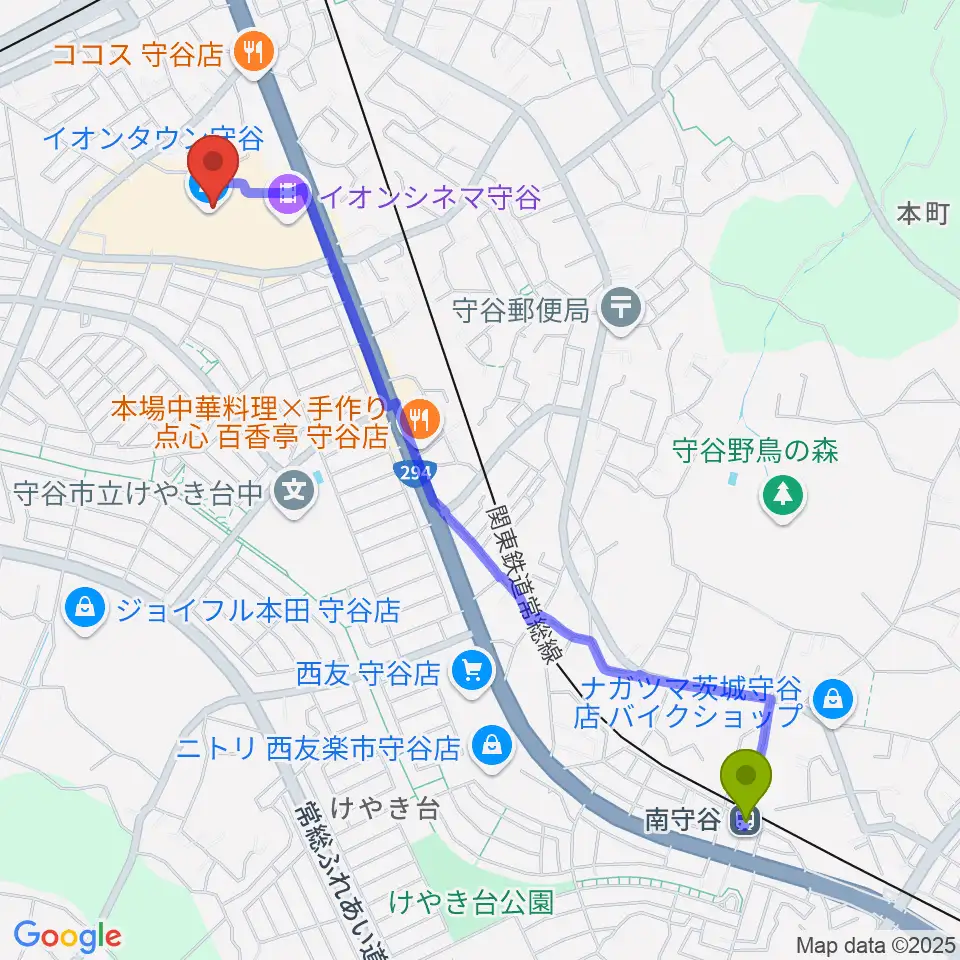 南守谷駅からウインズ・ユー守谷店へのルートマップ地図