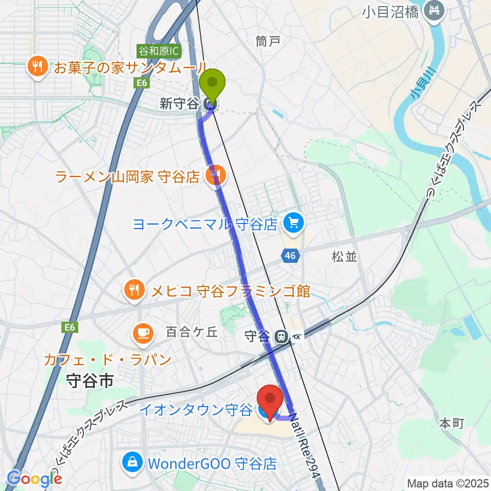 新守谷駅からウインズ・ユー守谷店へのルートマップ地図