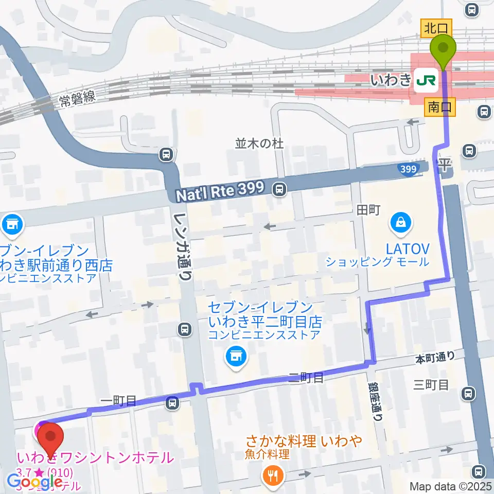 ウインズ・ユーいわき店の最寄駅いわき駅からの徒歩ルート（約9分）地図