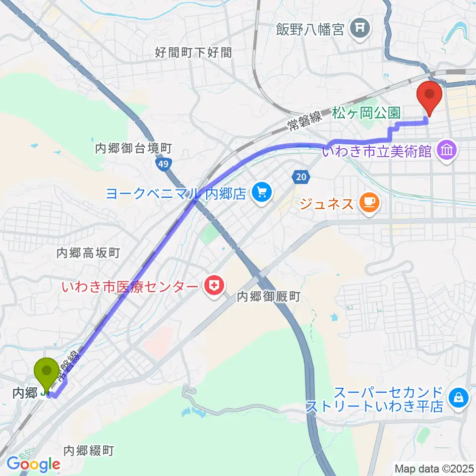 内郷駅からウインズ・ユーいわき店へのルートマップ地図