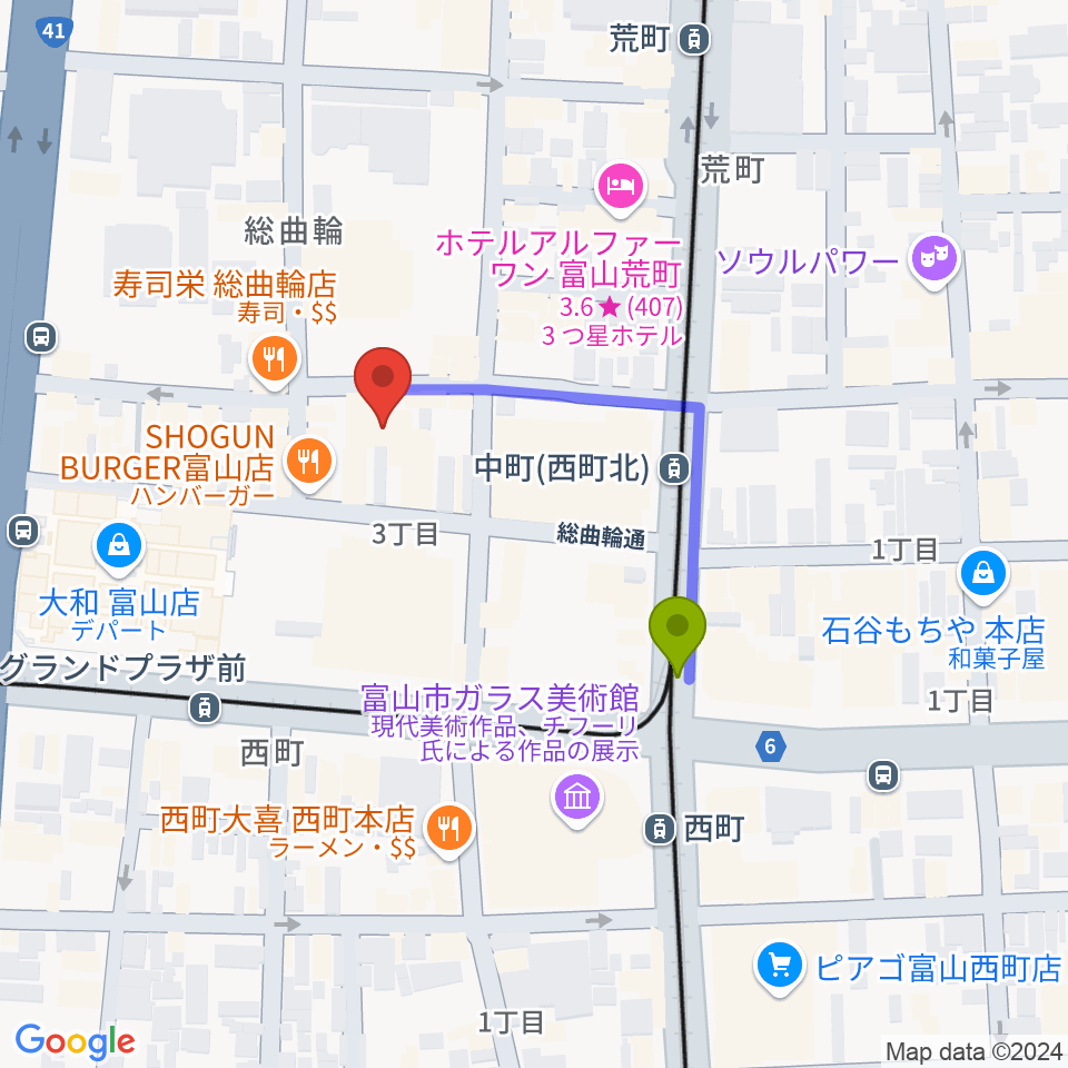 西町駅からほとり座へのルートマップ地図