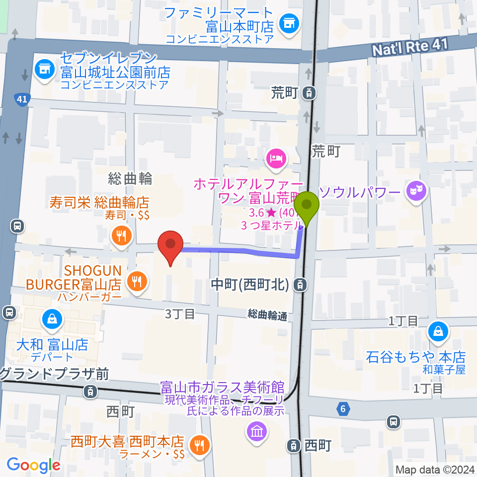 ほとり座の最寄駅中町（西町北）駅からの徒歩ルート（約2分）地図