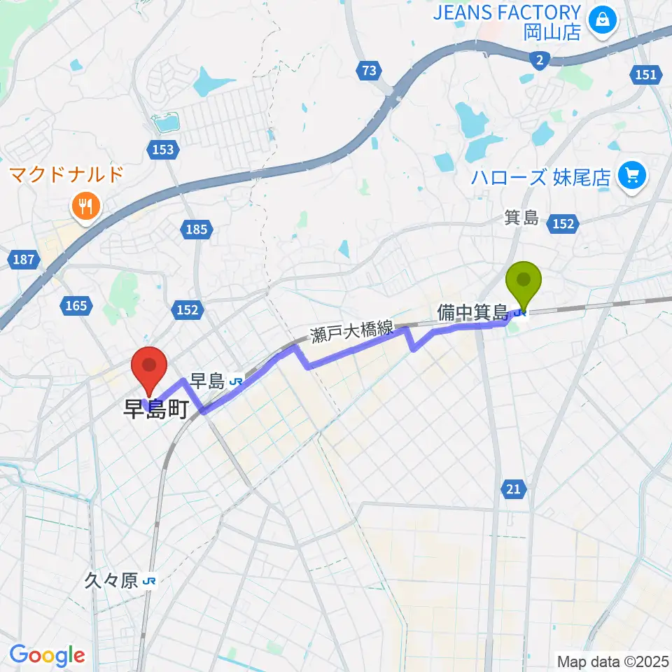 備中箕島駅から早島町町民総合会館ゆるびの舎へのルートマップ地図