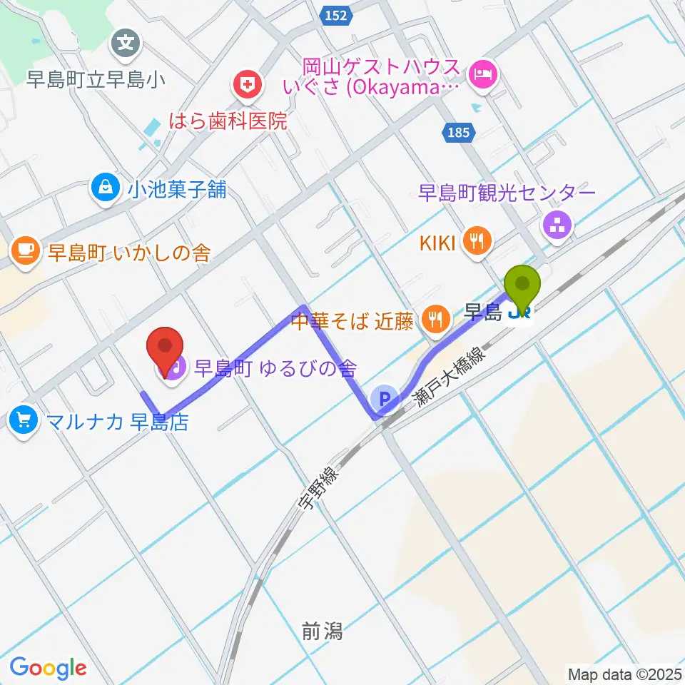 早島町町民総合会館ゆるびの舎の最寄駅早島駅からの徒歩ルート（約8分）地図