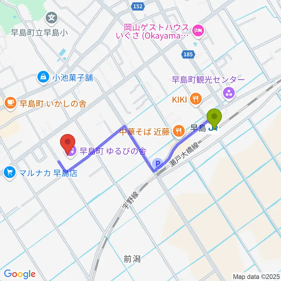 早島町町民総合会館ゆるびの舎の最寄駅早島駅からの徒歩ルート（約8分）地図