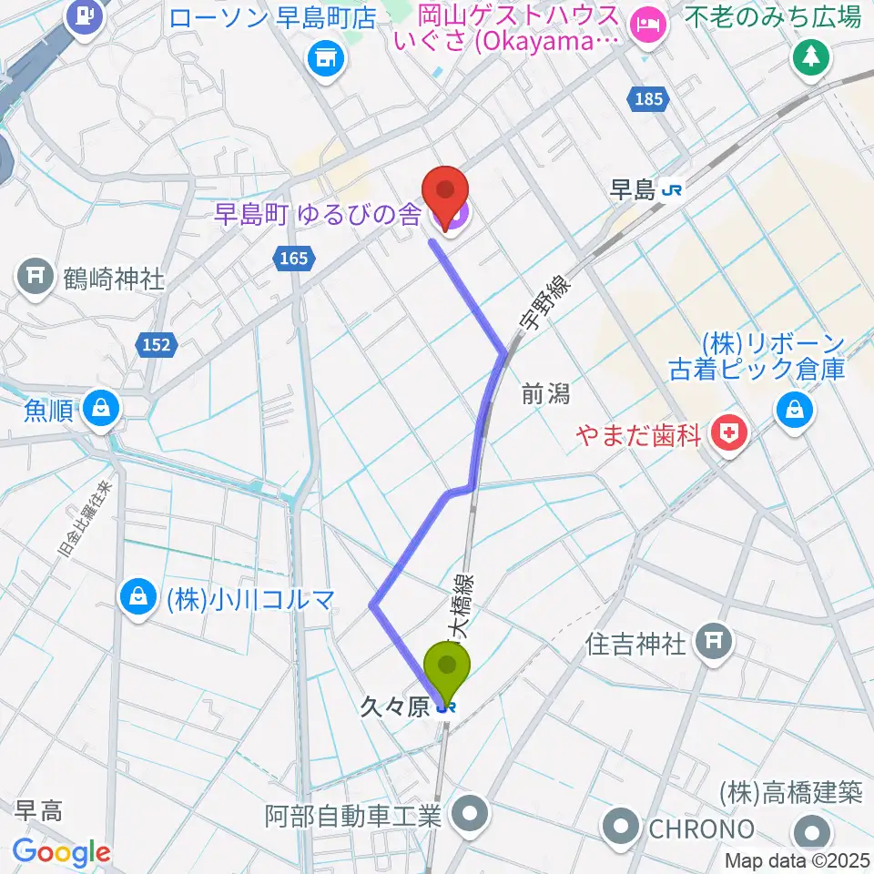 久々原駅から早島町町民総合会館ゆるびの舎へのルートマップ地図