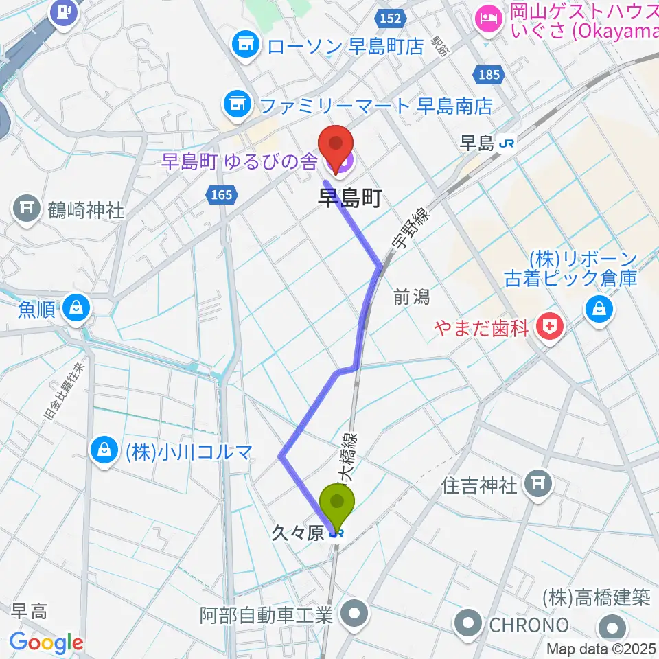 久々原駅から早島町町民総合会館ゆるびの舎へのルートマップ地図
