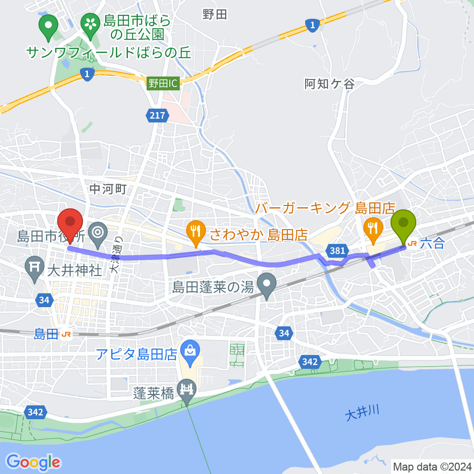 六合駅から島田市民総合施設プラザおおるりへのルートマップ地図