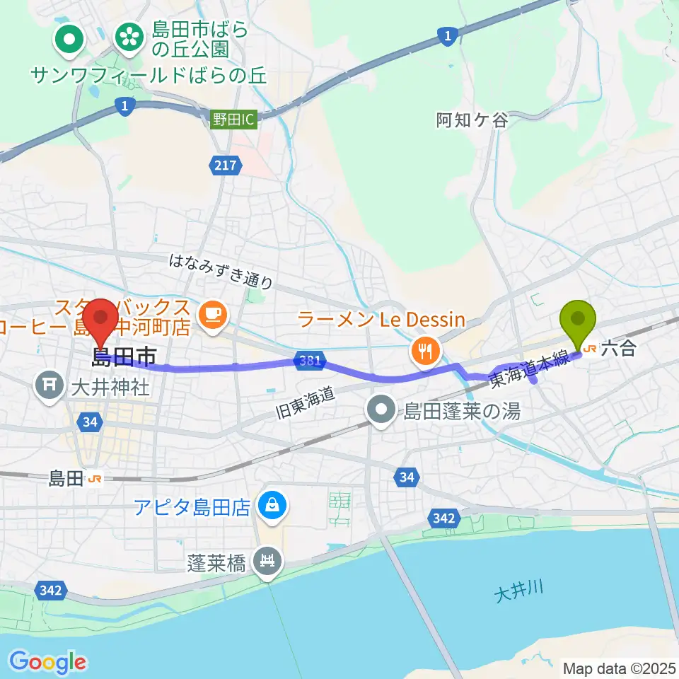 六合駅から島田市民総合施設プラザおおるりへのルートマップ地図