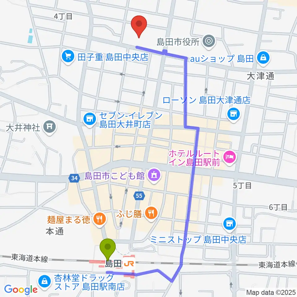 島田市民総合施設プラザおおるりの最寄駅島田駅からの徒歩ルート（約12分）地図
