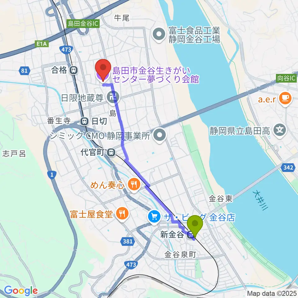 新金谷駅から夢づくり会館へのルートマップ地図