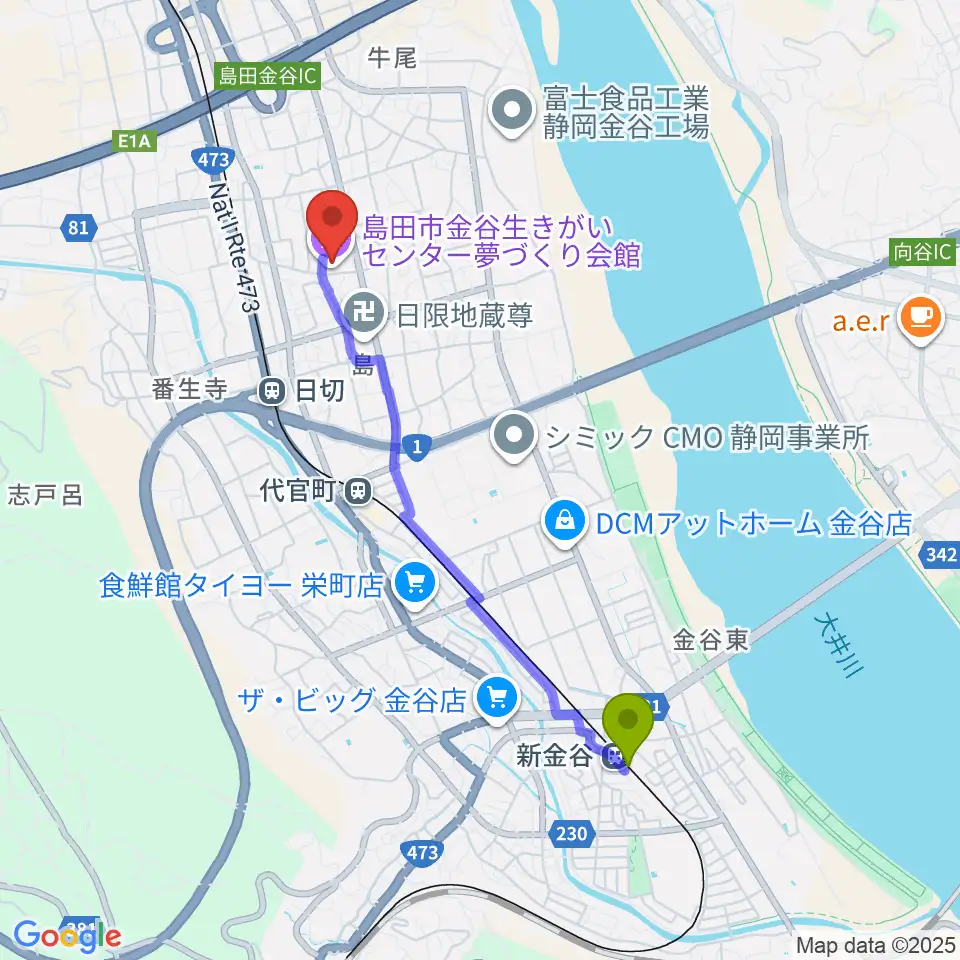 新金谷駅から夢づくり会館へのルートマップ地図