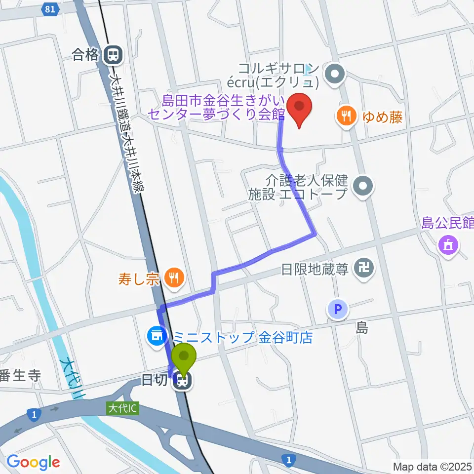 日切駅から夢づくり会館へのルートマップ地図