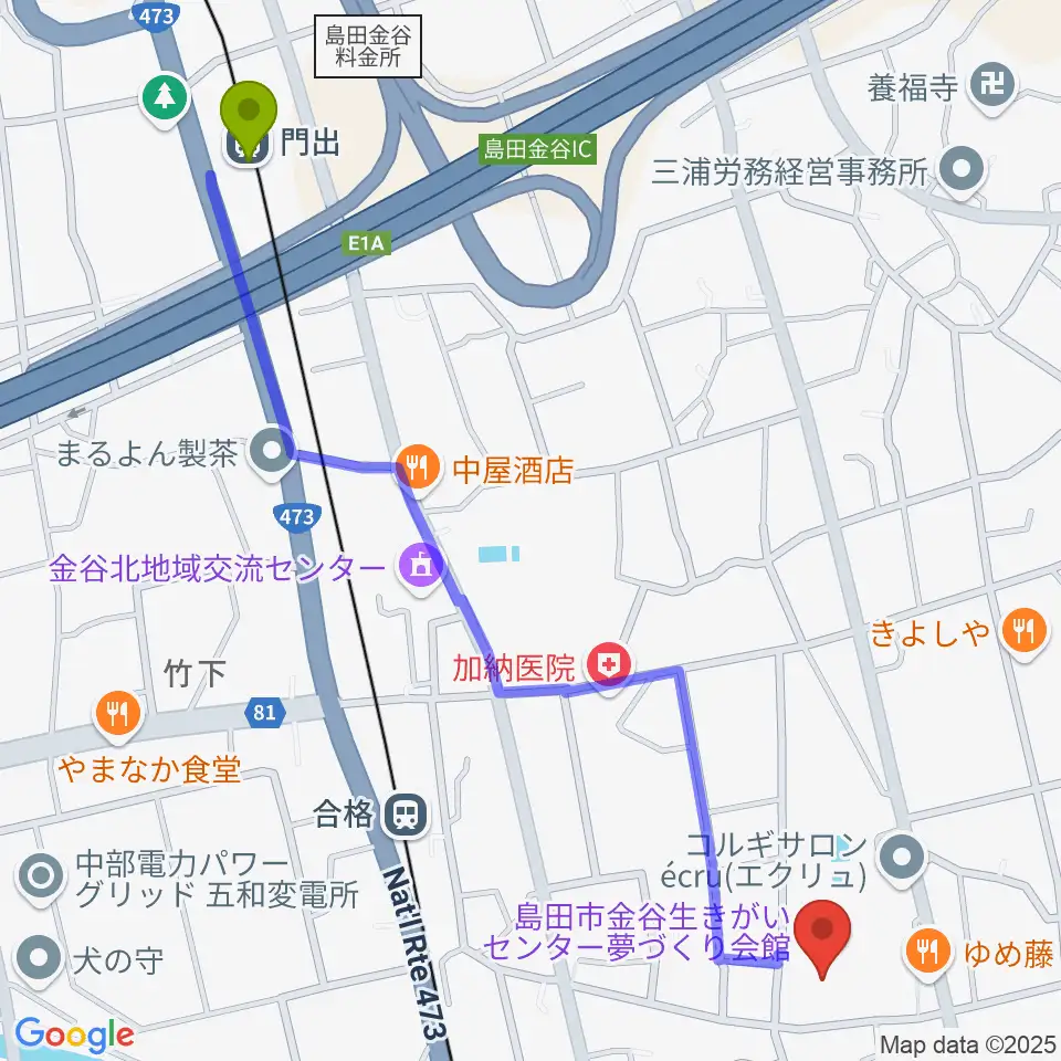 門出駅から夢づくり会館へのルートマップ地図