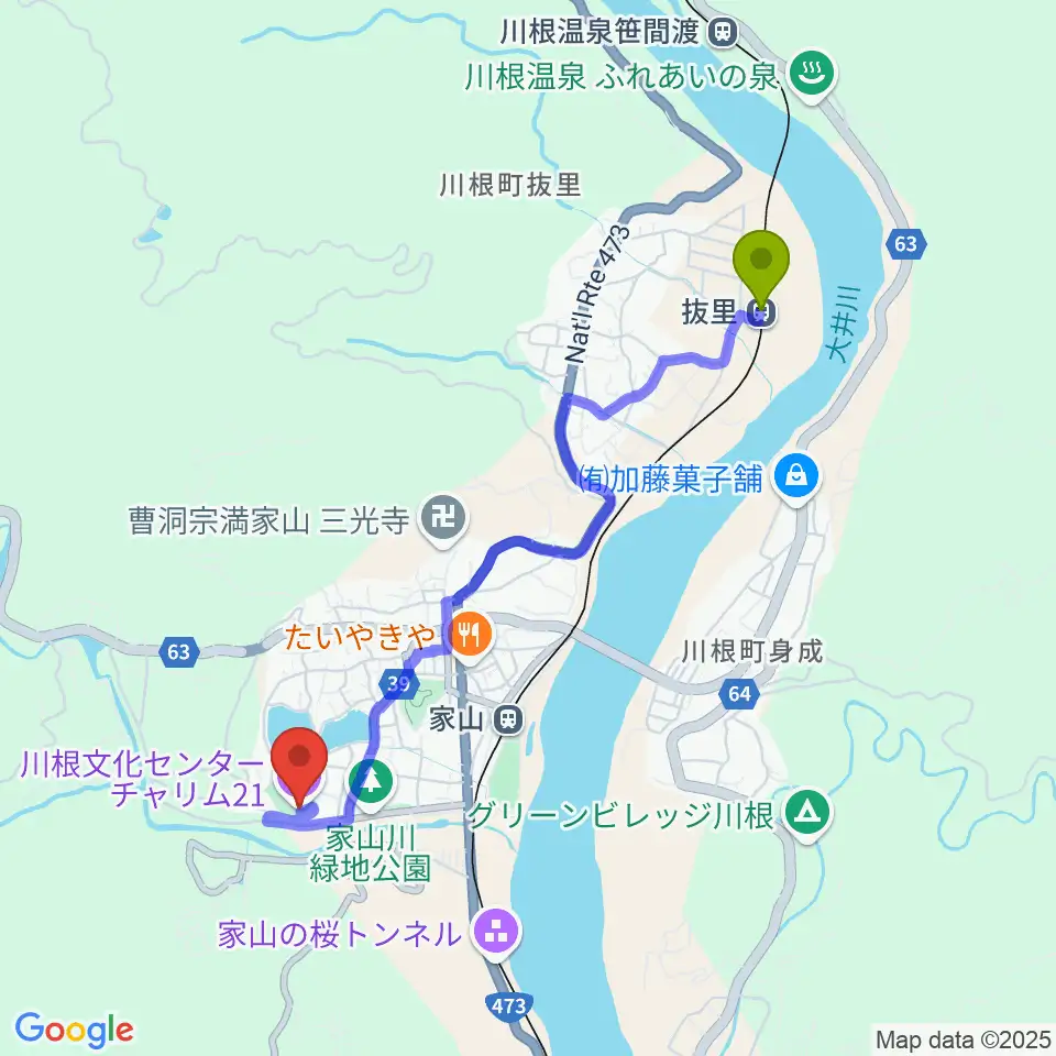 抜里駅から島田市川根文化センターチャリム21へのルートマップ地図