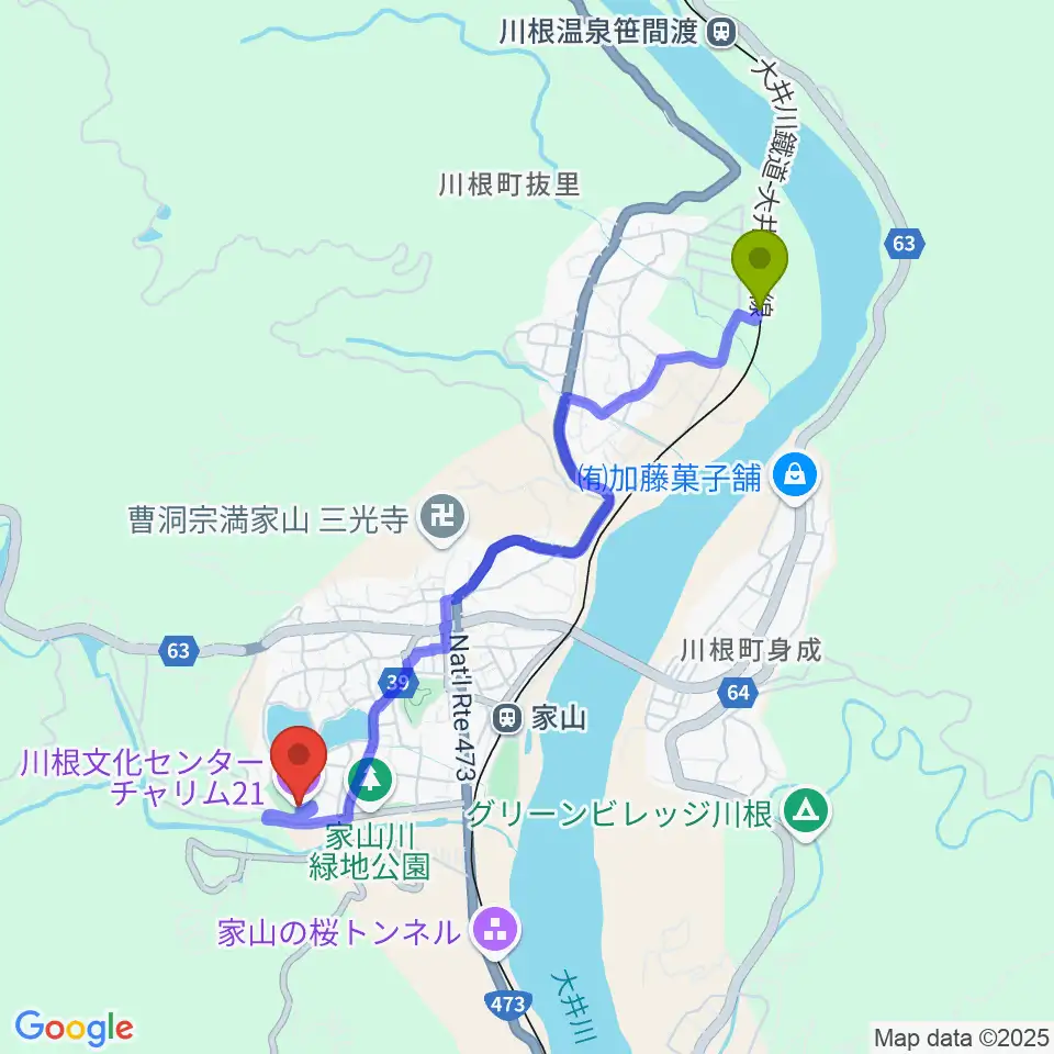 抜里駅から島田市川根文化センターチャリム21へのルートマップ地図
