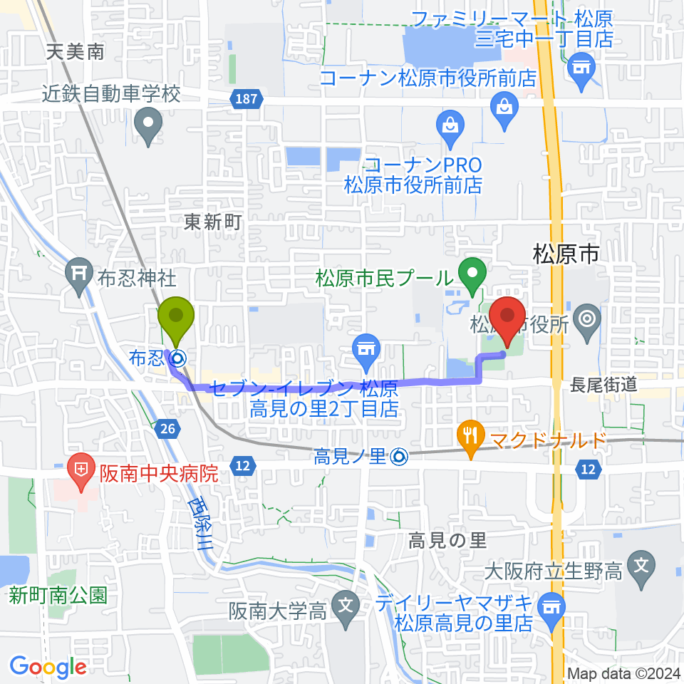 布忍駅から松原市文化会館へのルートマップ地図