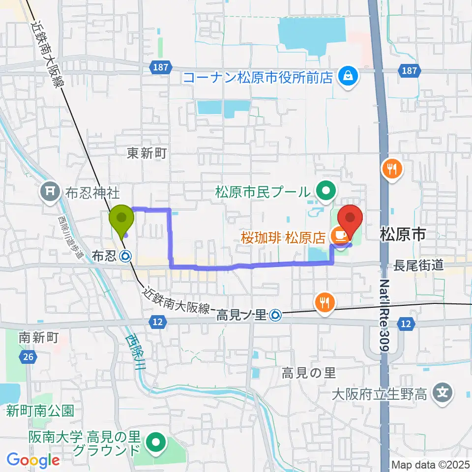 布忍駅から松原市文化会館へのルートマップ地図
