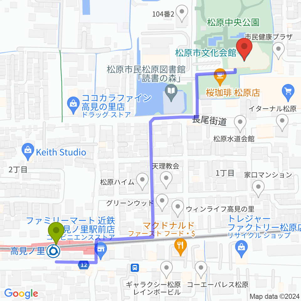 松原市文化会館の最寄駅高見ノ里駅からの徒歩ルート（約7分）地図