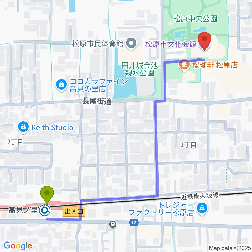 松原市文化会館の最寄駅高見ノ里駅からの徒歩ルート（約7分）地図