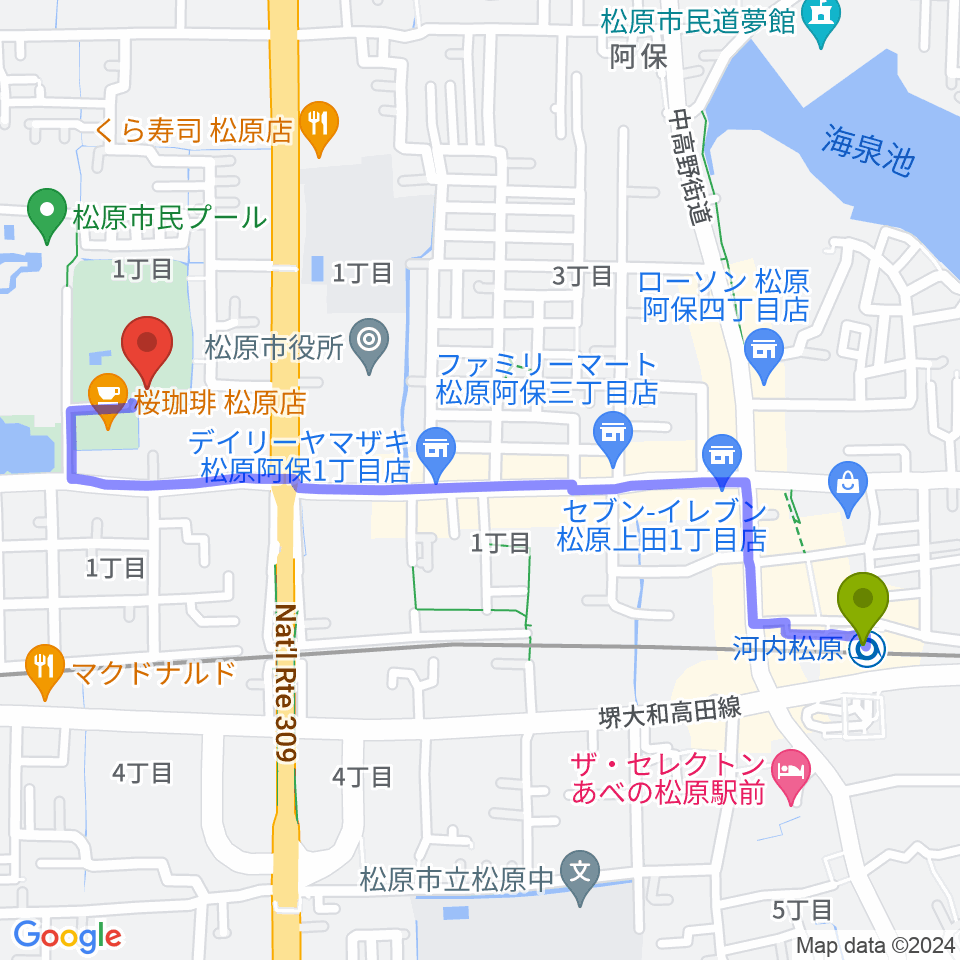 河内松原駅から松原市文化会館へのルートマップ地図