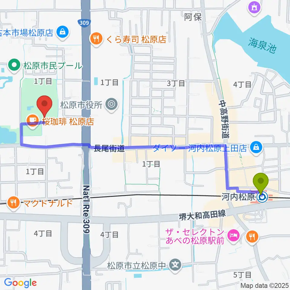 河内松原駅から松原市文化会館へのルートマップ地図
