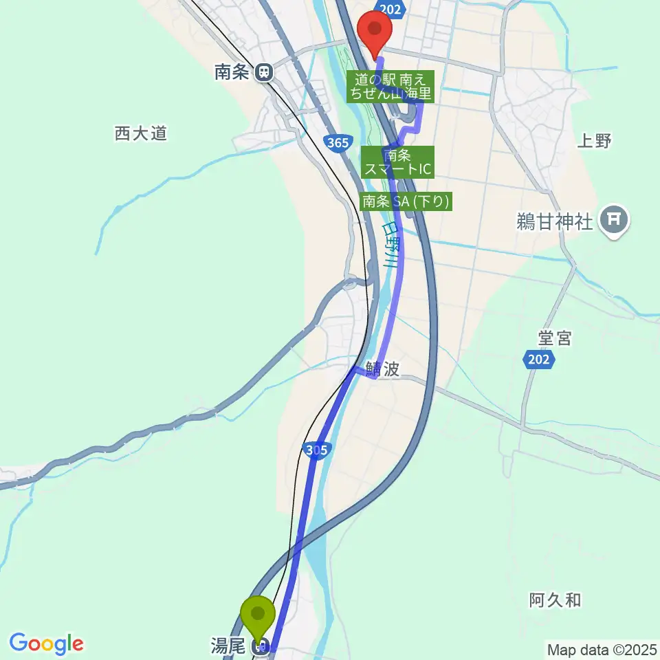 湯尾駅から南越前文化会館へのルートマップ地図