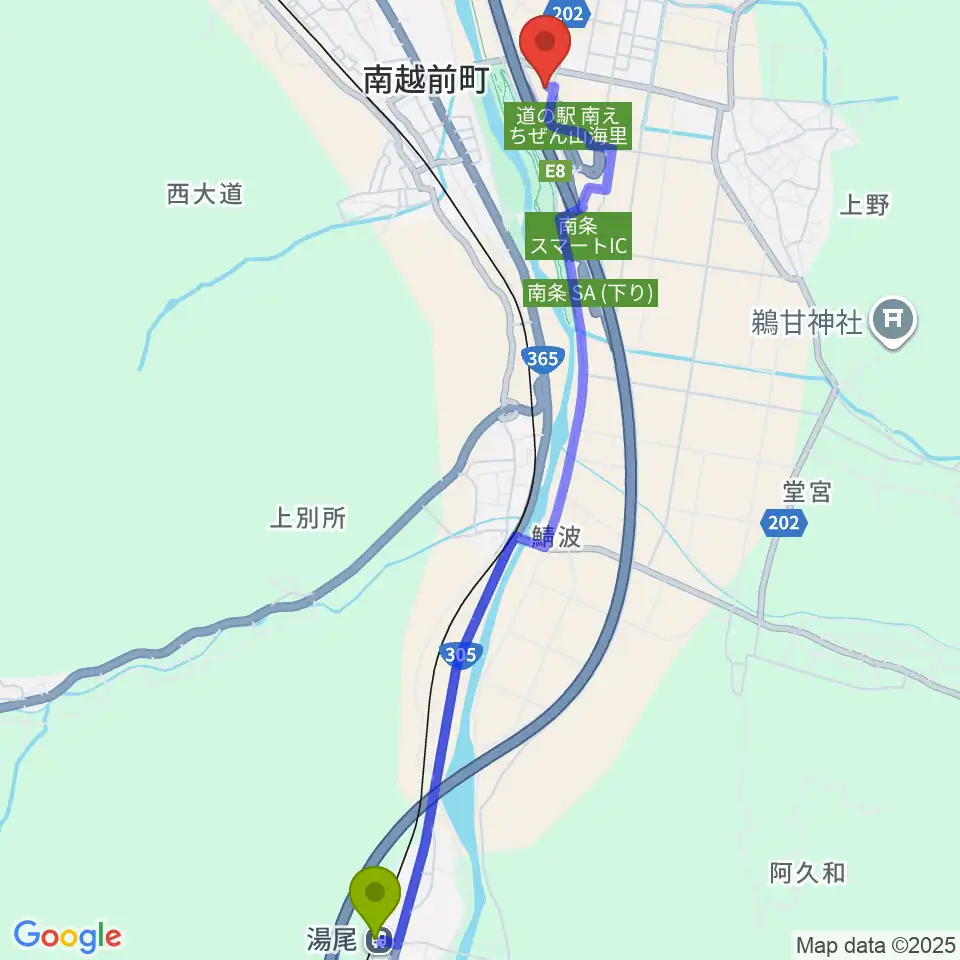 湯尾駅から南越前文化会館へのルートマップ地図