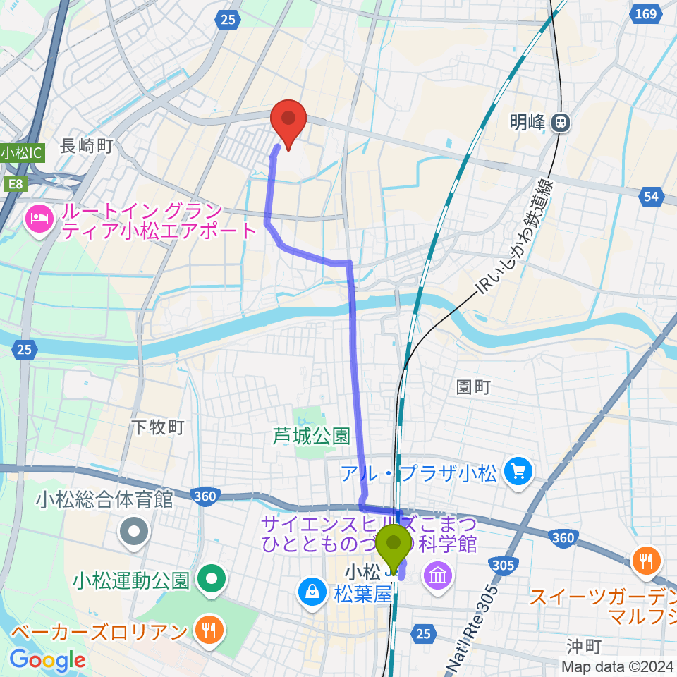 小松駅から小松市民センターへのルートマップ地図