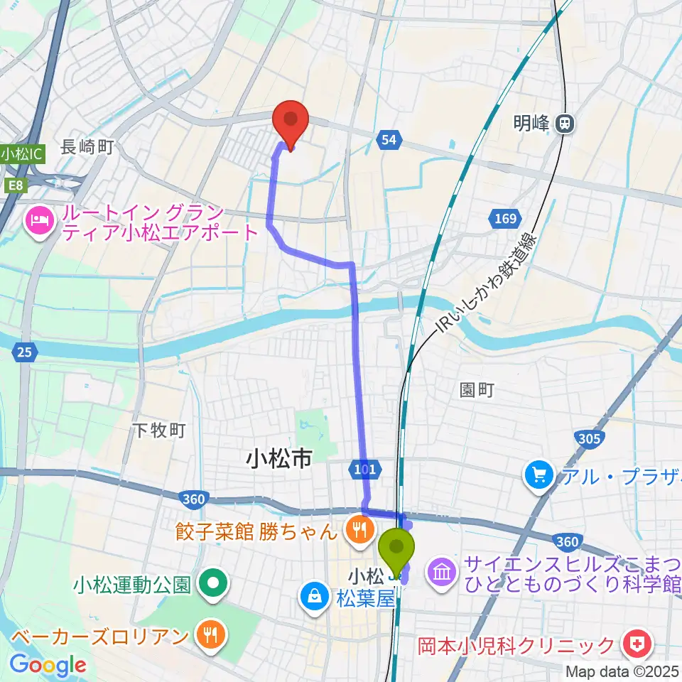 小松駅から小松市民センターへのルートマップ地図