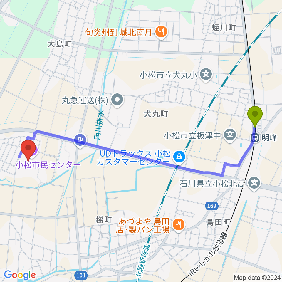 小松市民センターの最寄駅明峰駅からの徒歩ルート（約25分）地図