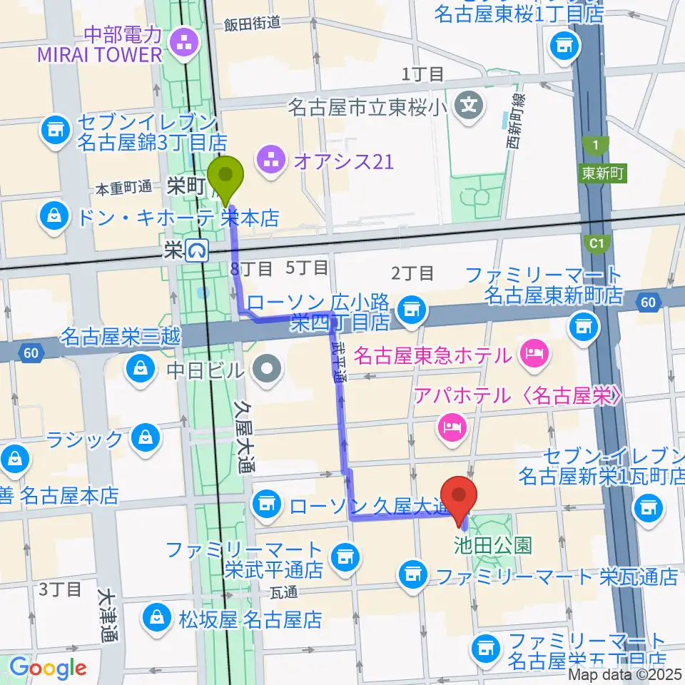 栄町駅から名古屋栄Brushupへのルートマップ地図