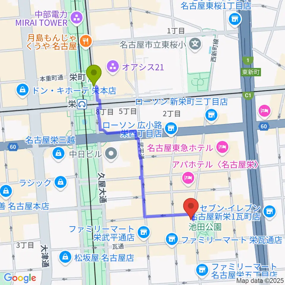 栄町駅から名古屋栄Brushupへのルートマップ地図