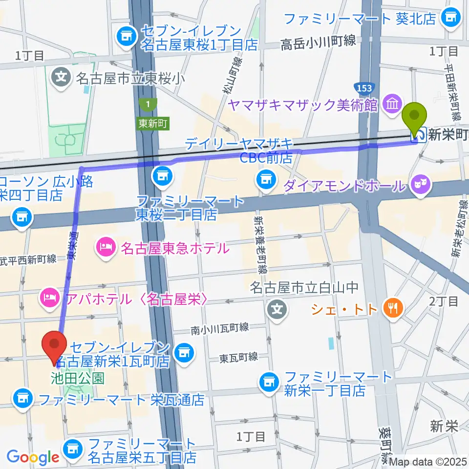 新栄町駅から名古屋栄Brushupへのルートマップ地図