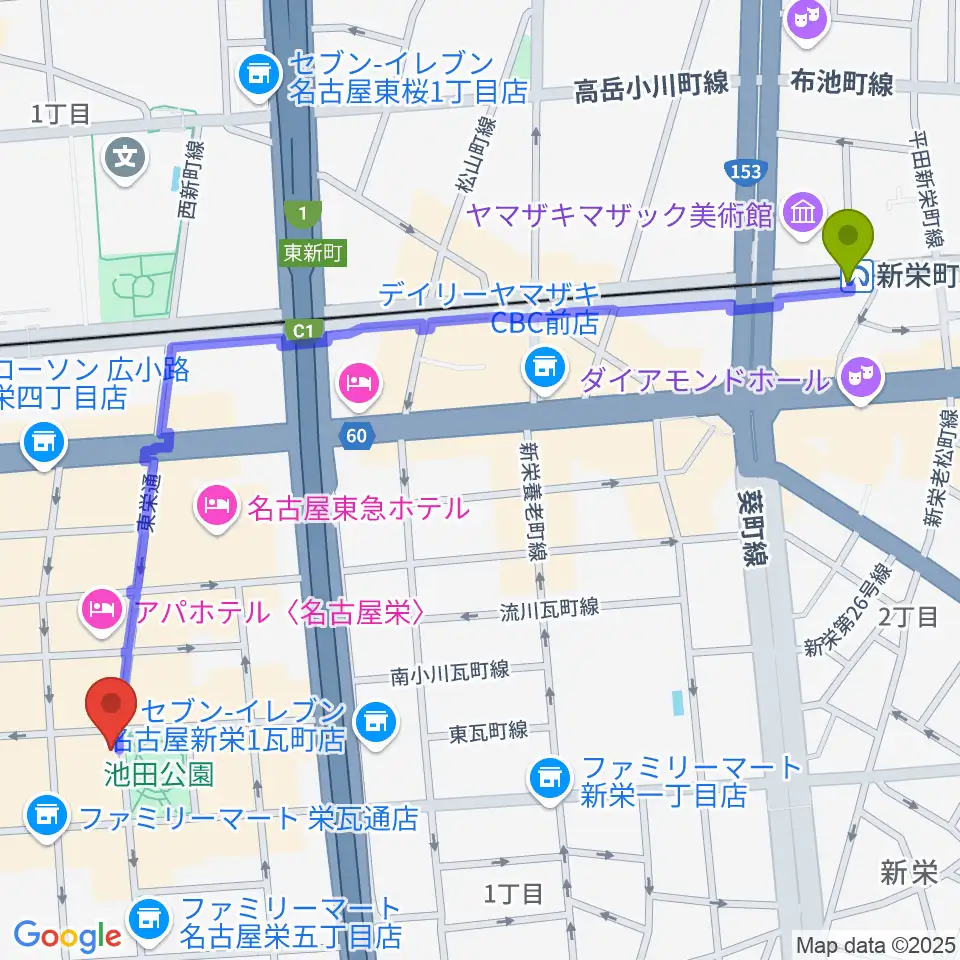 新栄町駅から名古屋栄Brushupへのルートマップ地図