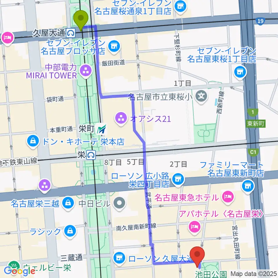 久屋大通駅から名古屋栄Brushupへのルートマップ地図