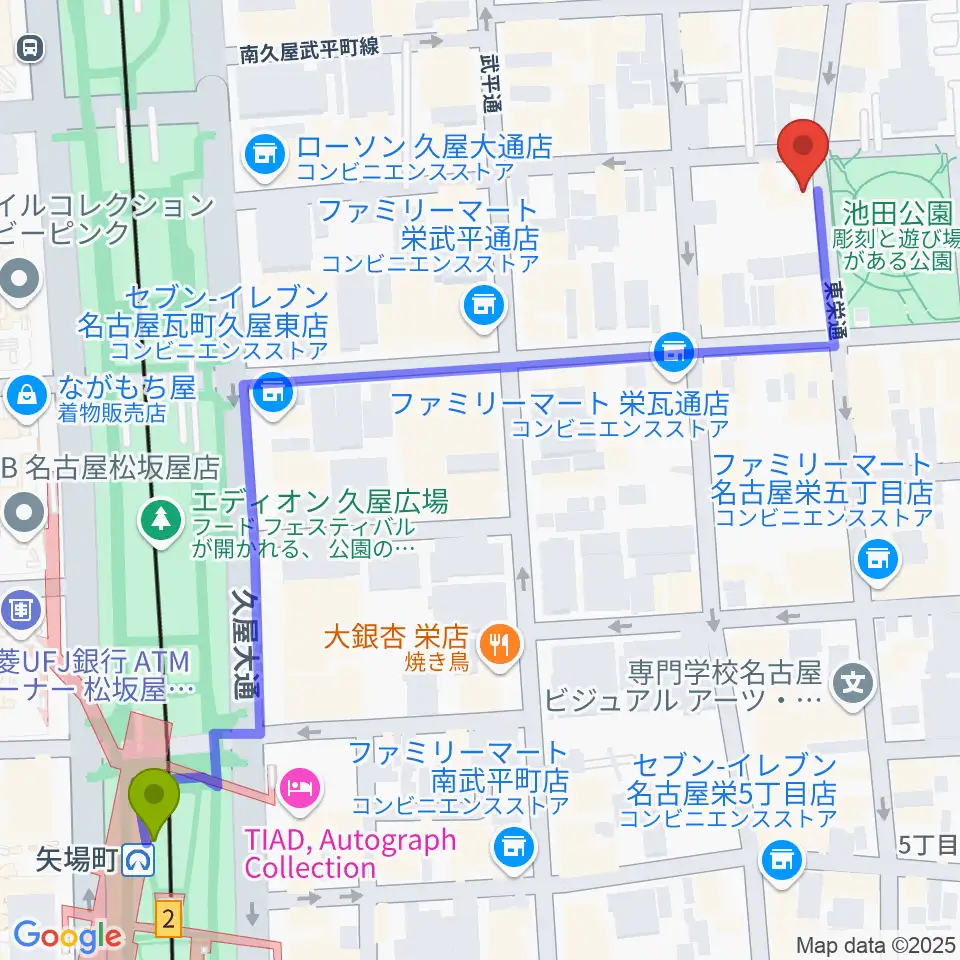 名古屋栄Brushupの最寄駅矢場町駅からの徒歩ルート（約7分）地図