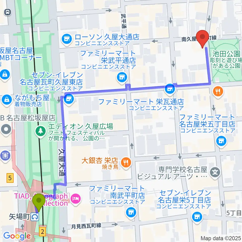 名古屋栄Brushupの最寄駅矢場町駅からの徒歩ルート（約7分）地図