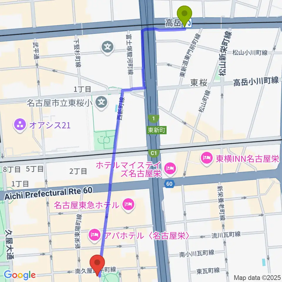 高岳駅から名古屋栄Brushupへのルートマップ地図