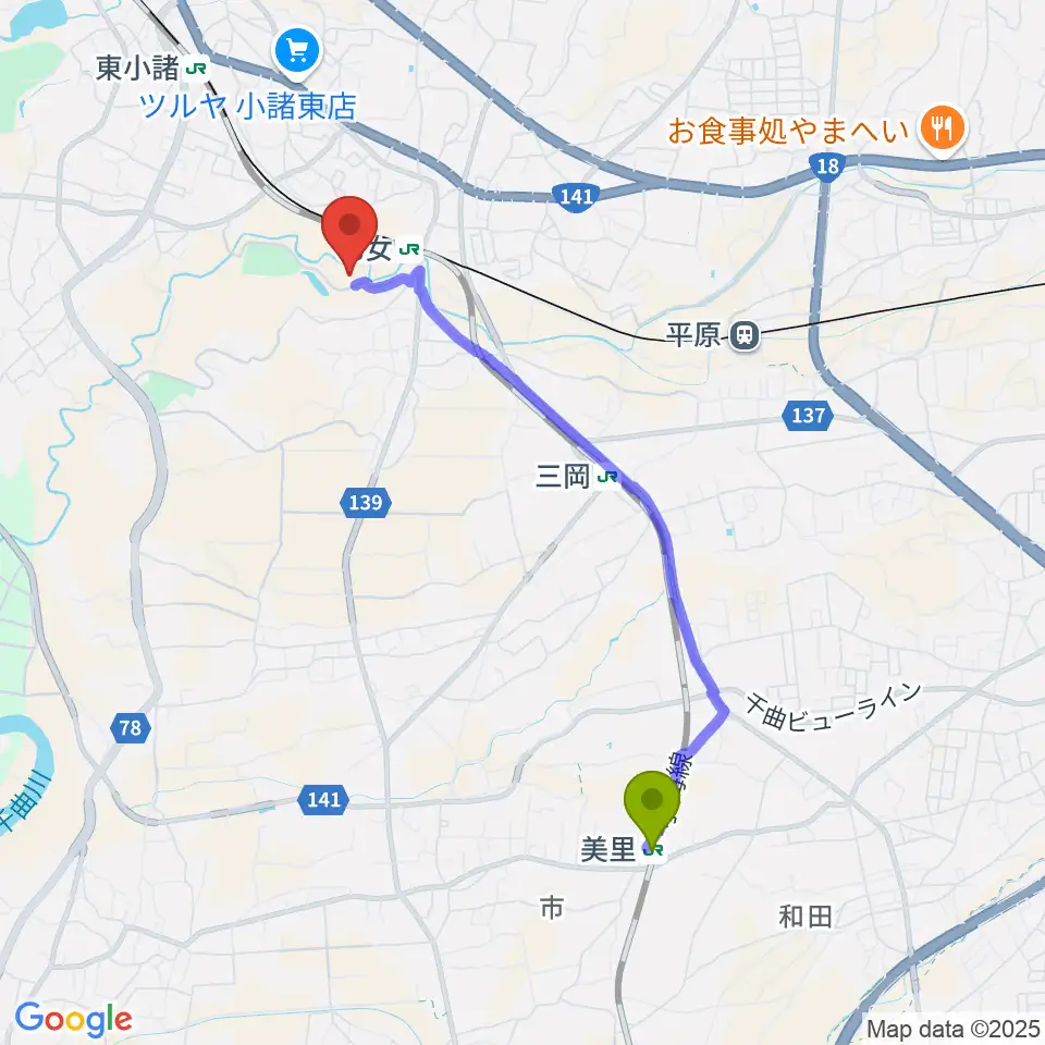 美里駅から小諸市文化会館へのルートマップ地図